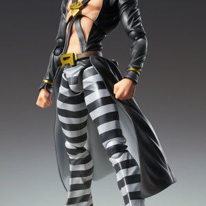 Full-body studio product shot of the Medicos Risotto Nero action figure standing confidently in his signature black hooded coat.