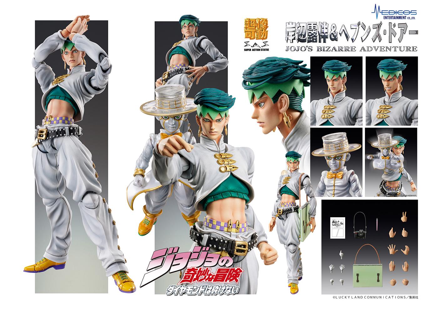 Promotional collage showing various poses, face plates, and accessories for the Rohan Kishibe & Heaven's Door set.