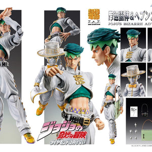 Promotional collage showing various poses, face plates, and accessories for the Rohan Kishibe & Heaven's Door set.