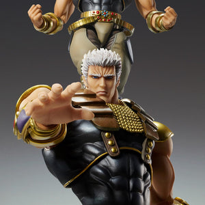 Promotional split view layout highlighting close-up details and pose variations of the Medicos Raoh action figure.