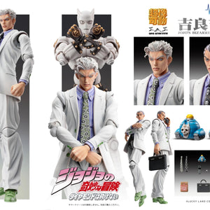 A comprehensive product collage of the Medicos Yoshikage Kira figure, displaying multiple poses, swappable parts, the briefcase, phone, and Sheer Heart Attack accessory.