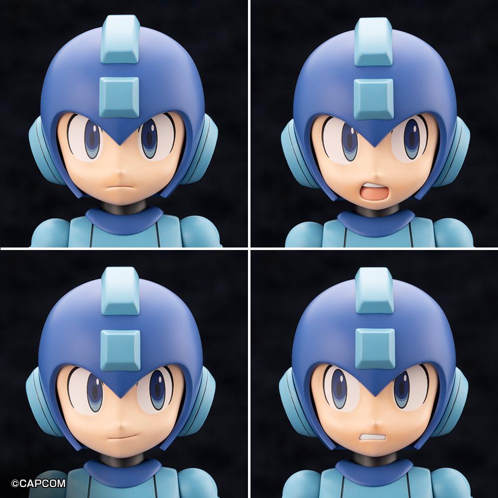 Four interchangeable face plates included in the Kotobukiya Mega Man 11 Grande Scale kit: neutral, shouting, smiling, and clenched teeth.
