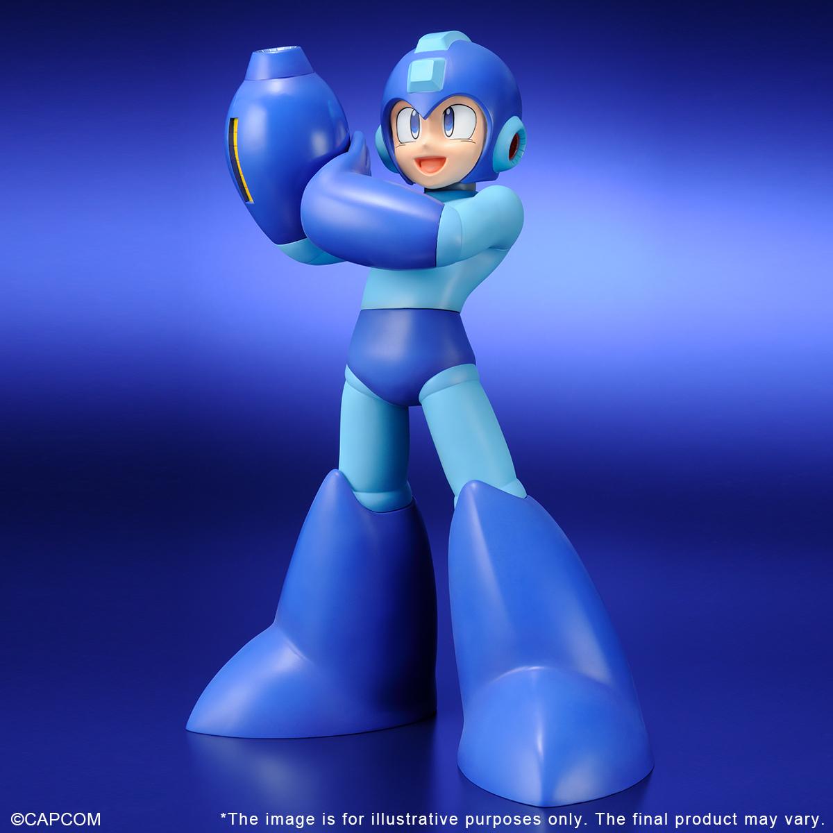 Full-body three-quarter studio shot of the premium Mega Man Gigantic Series figure standing against a vivid blue gradient background.