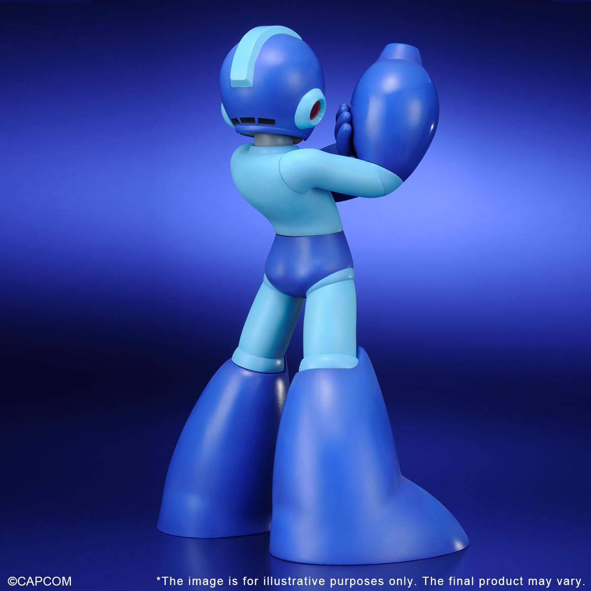 Rear studio angle of the large-scale Mega Man figure showcasing the clean lines of his helmet, armor panel detailing, and massive blue boots.