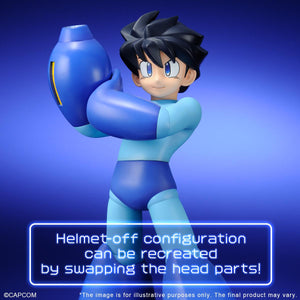 Promotional product graphic showing the Mega Man figure configured with his alternate helmetless head piece, displaying his spiky black hair and a confident smile.