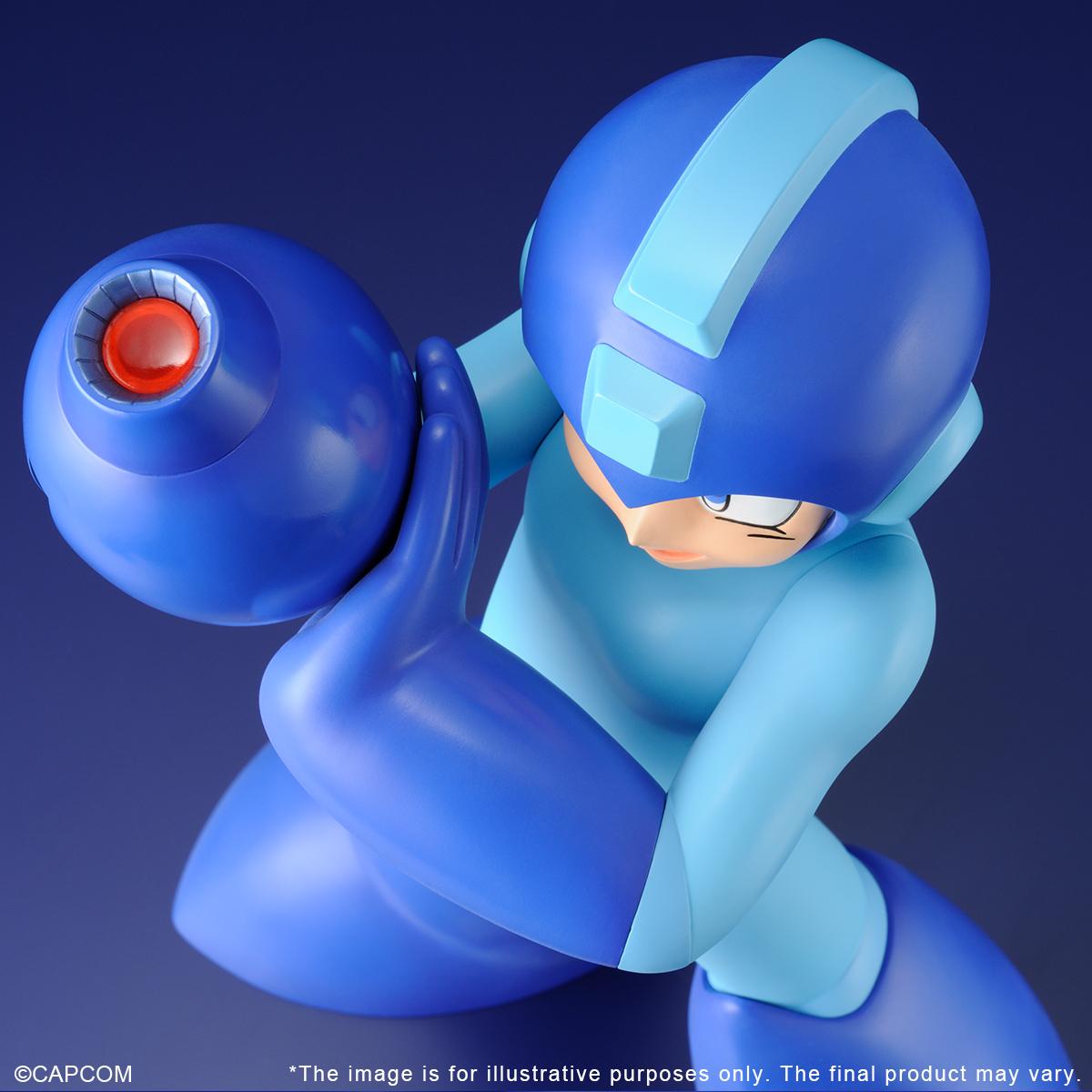 High-angle close-up view focusing on Mega Man's face and the translucent clear red muzzle detailing inside his raised arm cannon weapon.