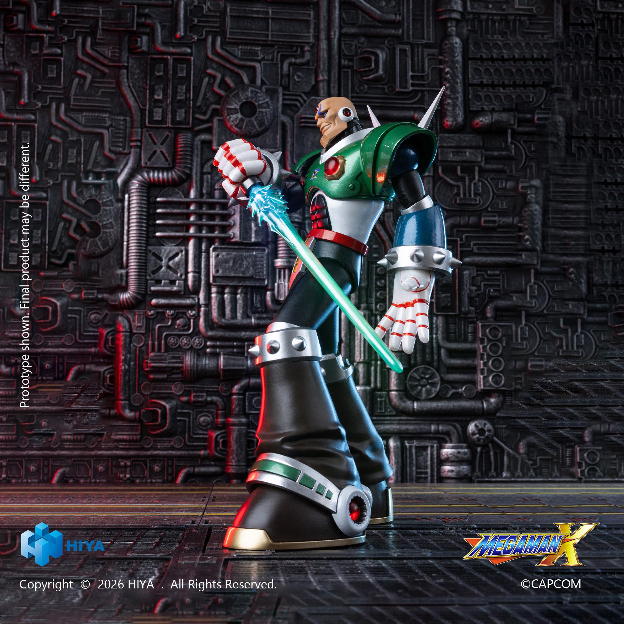 Side view of the Mega Man X Sigma Exquisite Basic figure holding a green energy saber against an industrial backdrop.