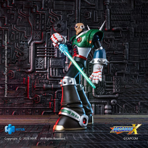 Side view of the Mega Man X Sigma Exquisite Basic figure holding a green energy saber against an industrial backdrop.