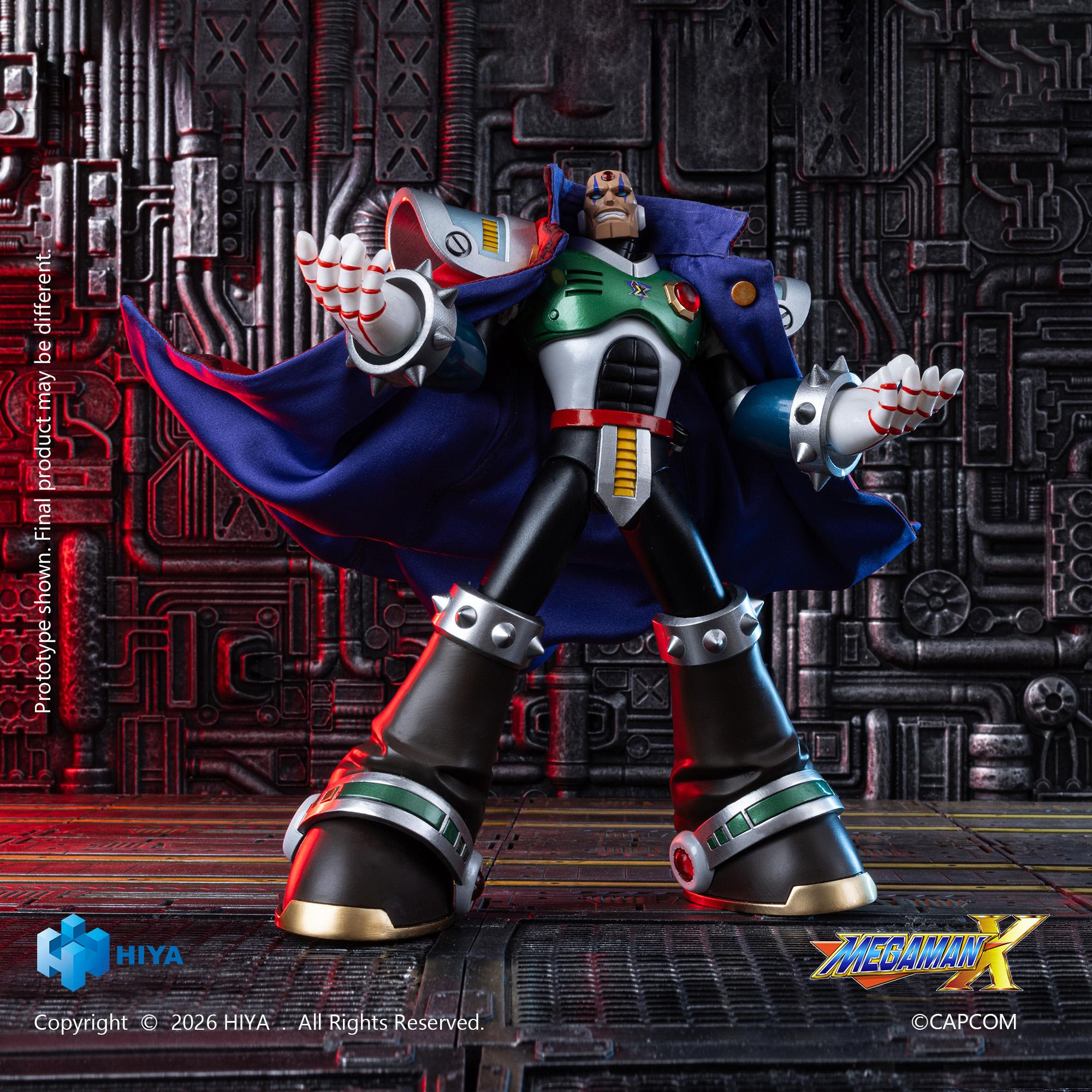 Commanding pose of the Mega Man X Sigma action figure with open hands wearing a red and purple cloth cape.