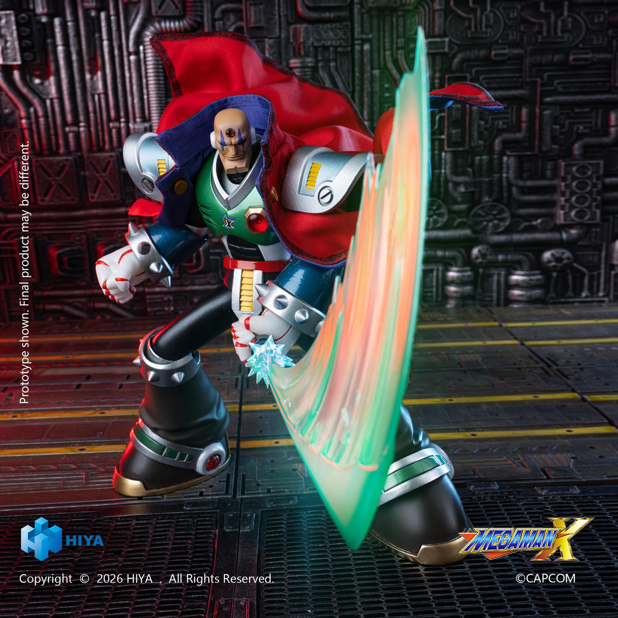Low-angle shot of the Mega Man X Sigma action figure unleashing a attack with a large curved translucent green sword slash effect.