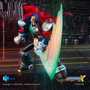 Low-angle shot of the Mega Man X Sigma action figure unleashing a attack with a large curved translucent green sword slash effect.
