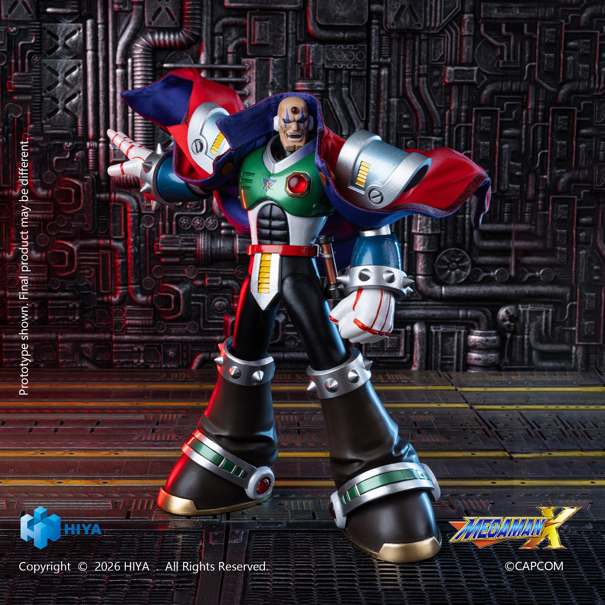 Hiya Toys Mega Man X Sigma action figure posed pointing forward with a cloth cape and belt-mounted saber holder.