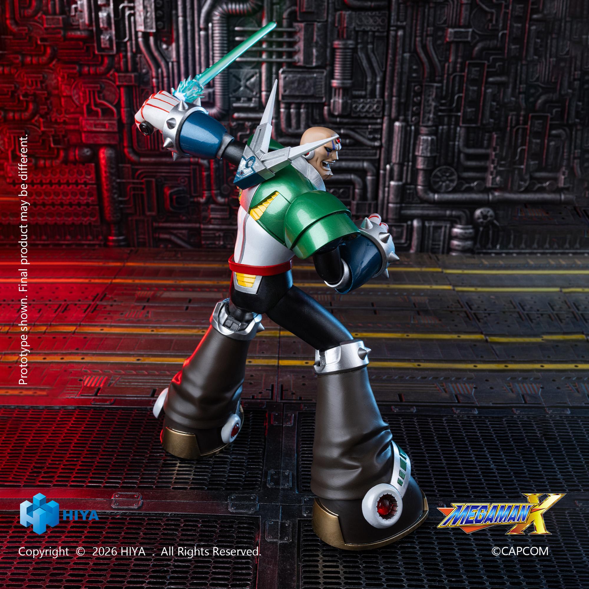 Rear action pose of the Hiya Toys Mega Man X Sigma action figure featuring the alternate V-shaped back armor piece.