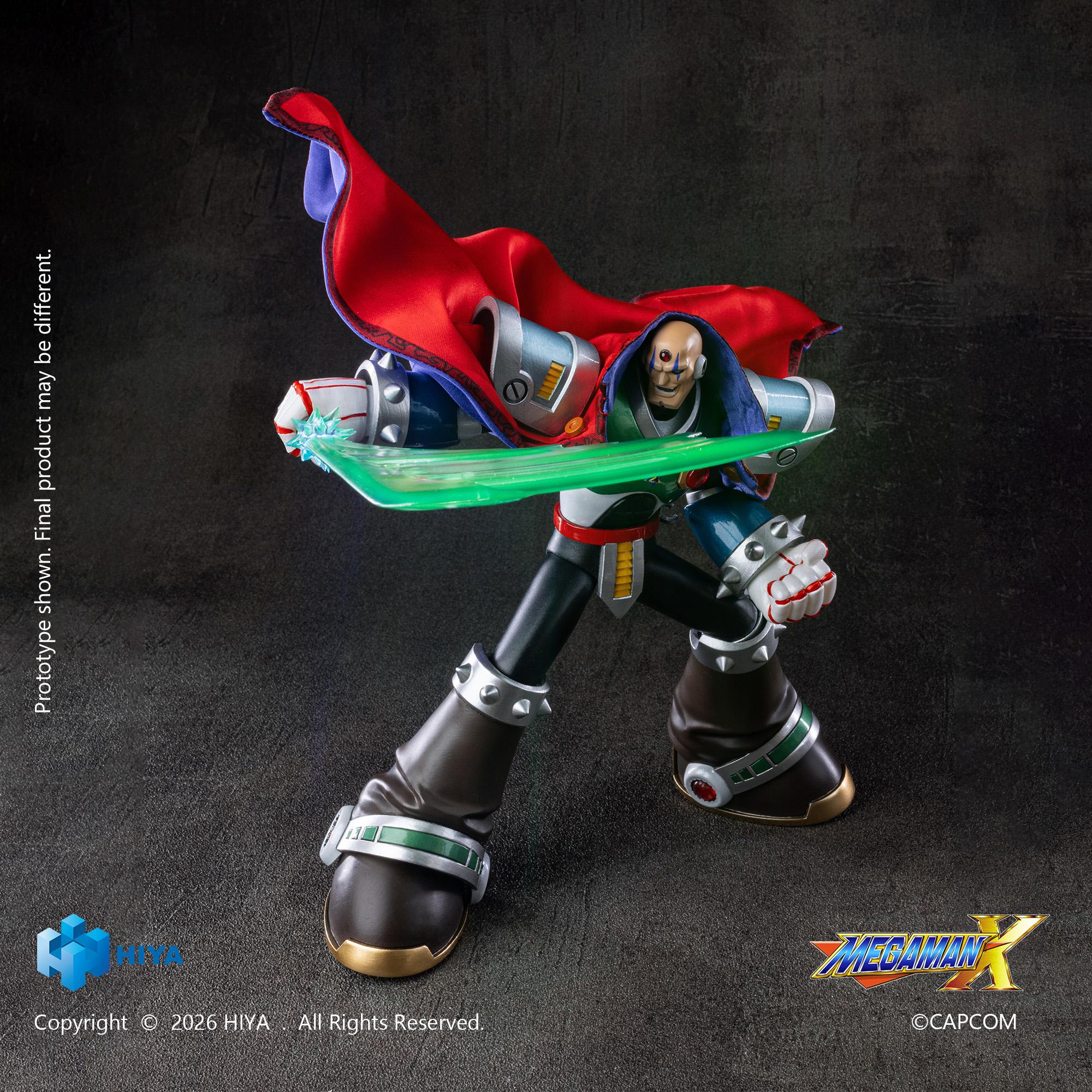 Dynamic crouching pose of the Hiya Toys Sigma action figure with flowing fabric cape and attached green saber slash effect.