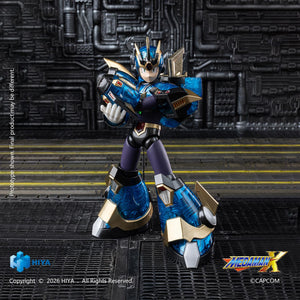 Accessory set layout and scale diagram showing the 6.1-inch Mega Man X Ultimate Armor figure, articulated display stand, interchangeable hands, face plates, wings, and magnetic logo emblem.
