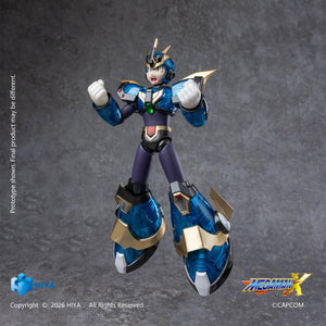 Hiya Toys Exquisite Basic Mega Man X Ultimate Armor Version action figure posed mid-air with clenched fists and shouting battle expression.