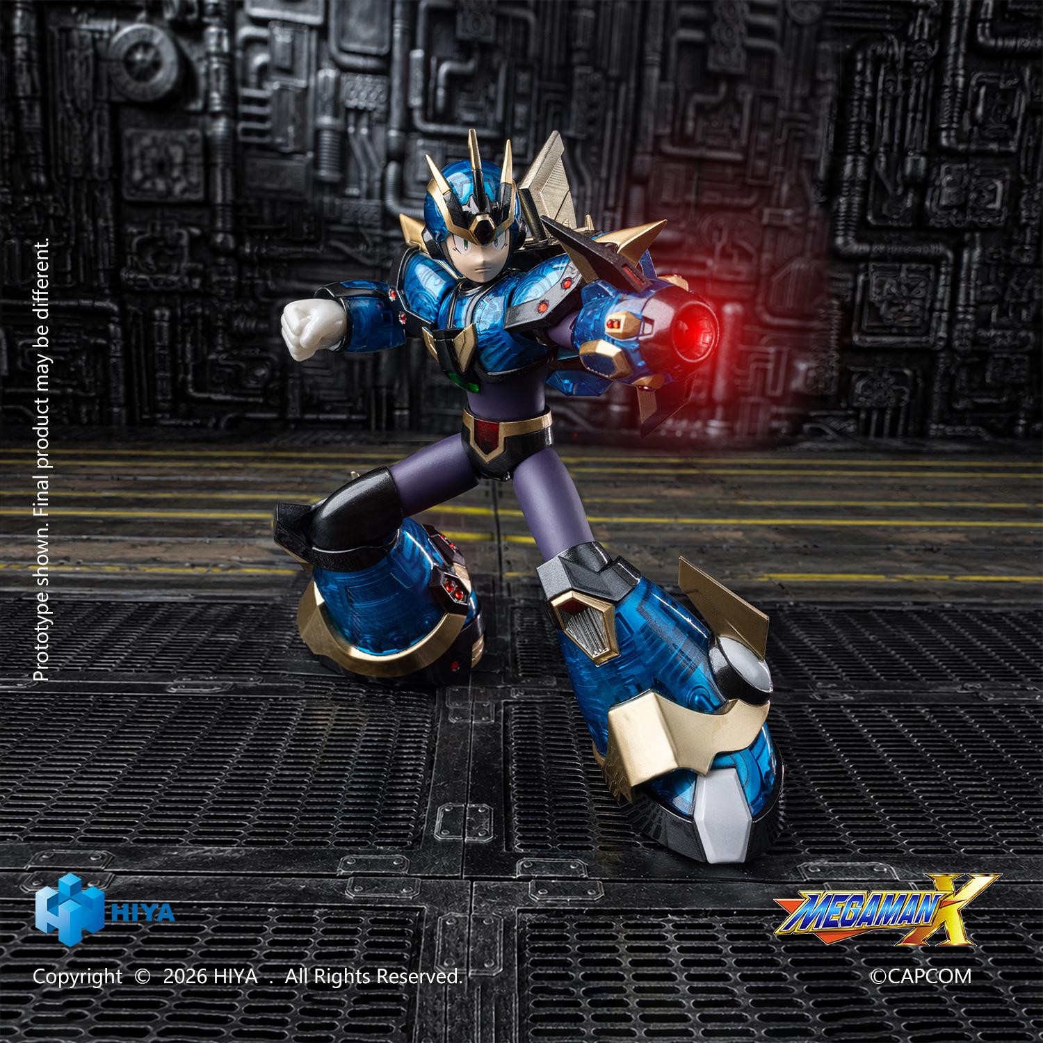 Frontal pose of the Mega Man X Ultimate Armor figure steadying the X-Buster cannon with both hands against a mechanical backdrop.