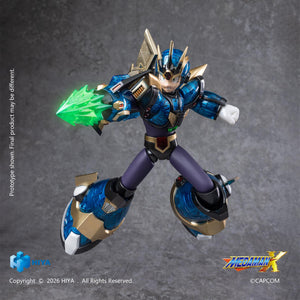 Full standing front view of the Hiya Toys Mega Man X Ultimate Armor Version figure on a metallic sci-fi hangar background.