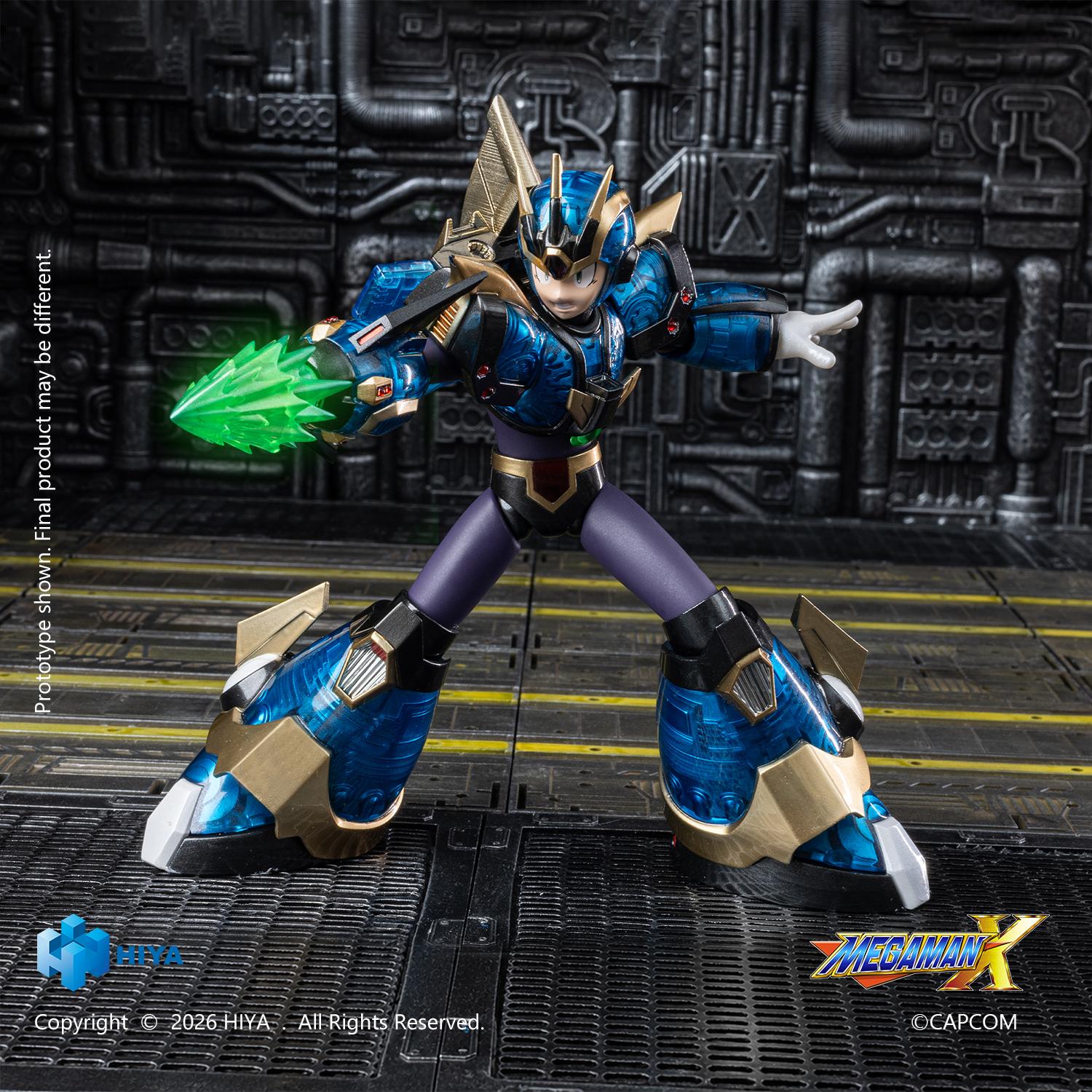 Hiya Toys Mega Man X Ultimate Armor figure with attached flight wings featuring a glowing red LED light-up effect inside the arm cannon.