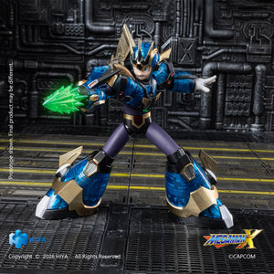 Hiya Toys Mega Man X Ultimate Armor figure with attached flight wings featuring a glowing red LED light-up effect inside the arm cannon.