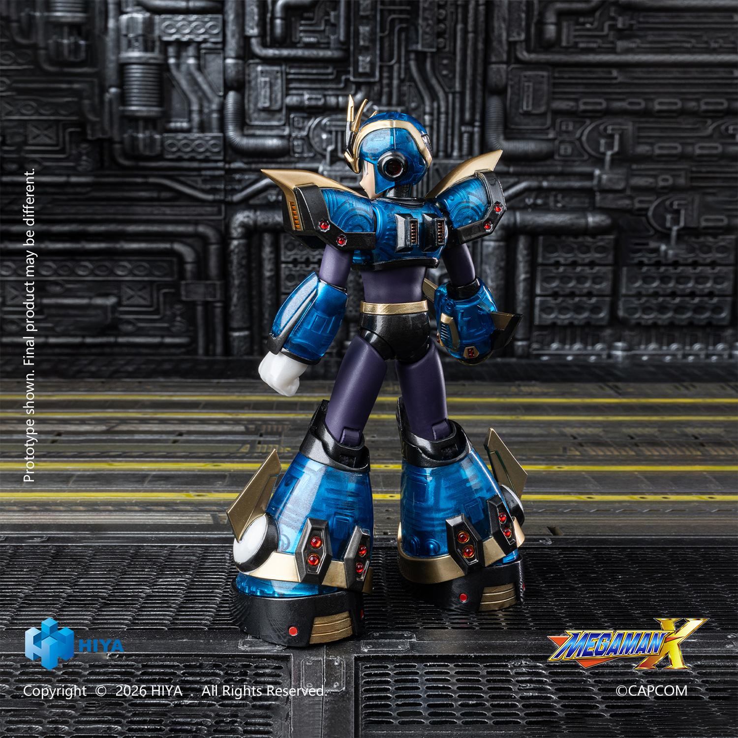 Wide combat stance of the Mega Man X Ultimate Armor figure aiming his X-Buster with green energy blast effect in an industrial sci-fi setting.