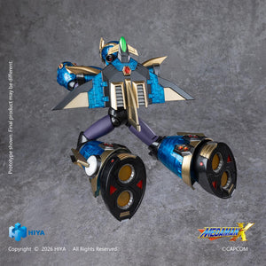 Mega Man X Ultimate Armor action figure in a high-speed flight pose firing a green translucent plasma blast from his arm cannon.