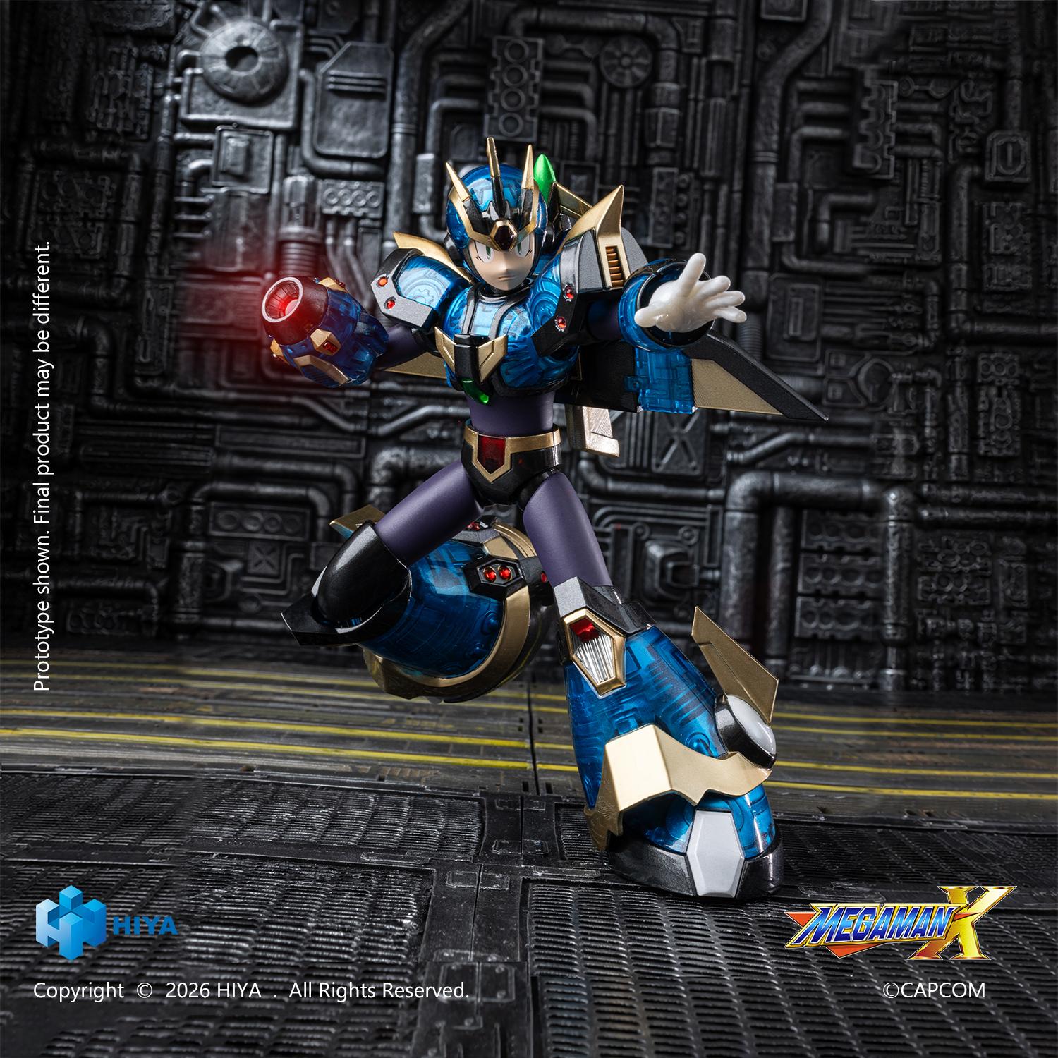 Low battle stance of the Mega Man X Ultimate Armor action figure with activated red LED illumination inside the X-Buster muzzle.
