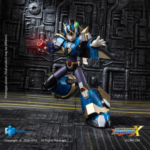 Low battle stance of the Mega Man X Ultimate Armor action figure with activated red LED illumination inside the X-Buster muzzle.