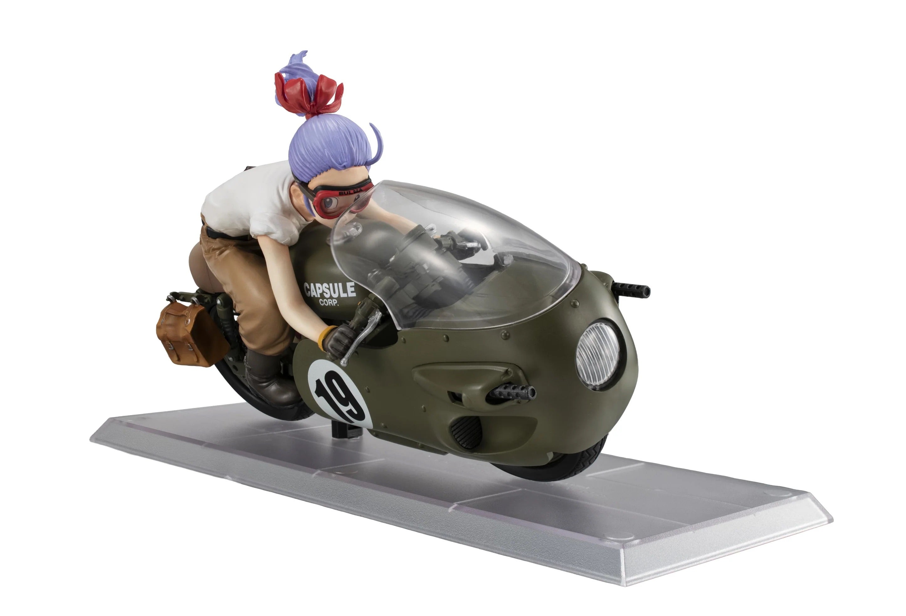 A three-quarter front view of the Bulma figure, emphasizing the sleek, round shape of the motorcycle and the "19" racing number.