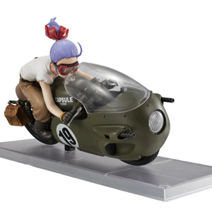 A three-quarter front view of the Bulma figure, emphasizing the sleek, round shape of the motorcycle and the "19" racing number.