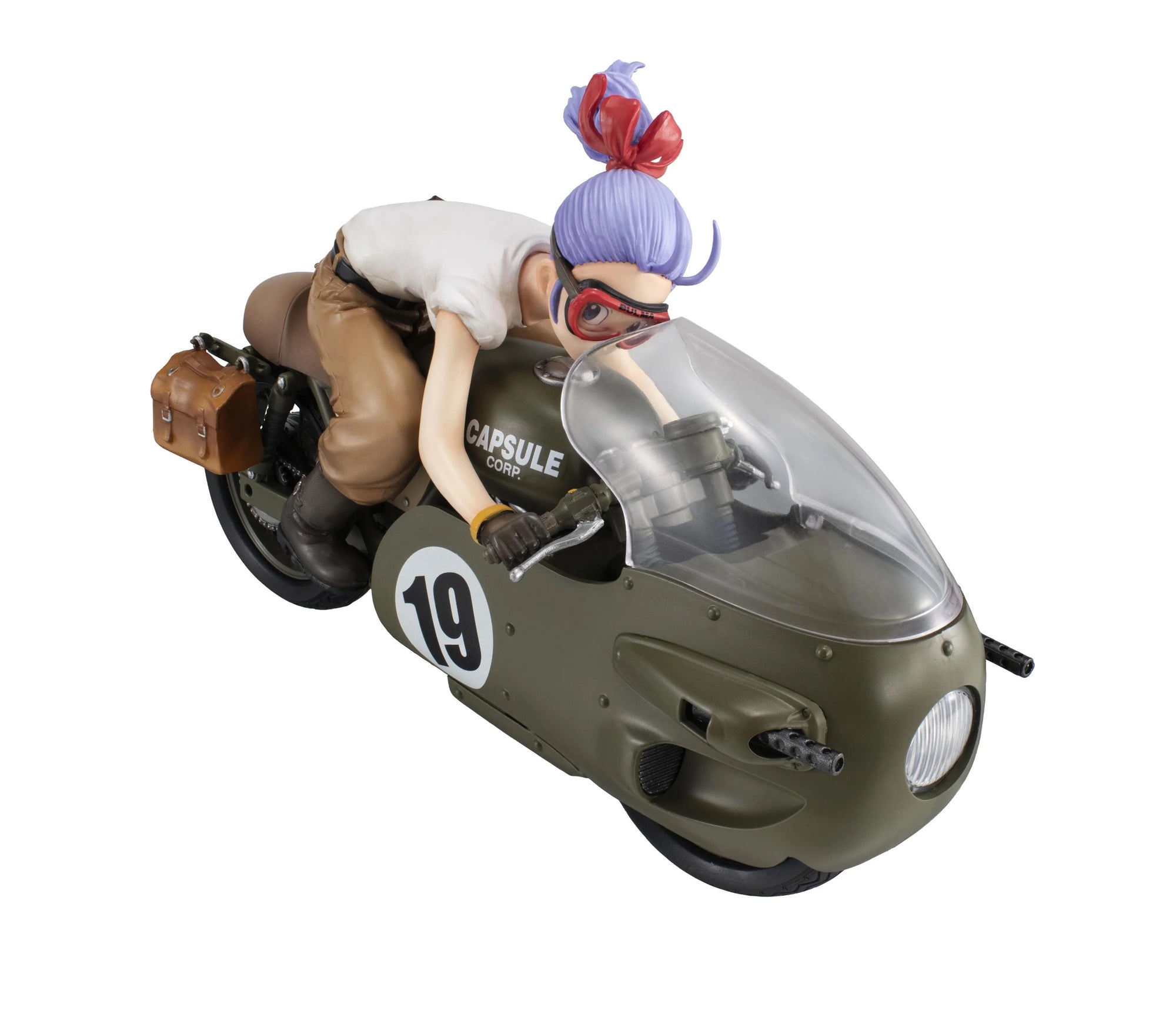 A high-angle, frontal view of the Bulma figure crouching low on her Capsule Corp. motorcycle while wearing racing goggles.