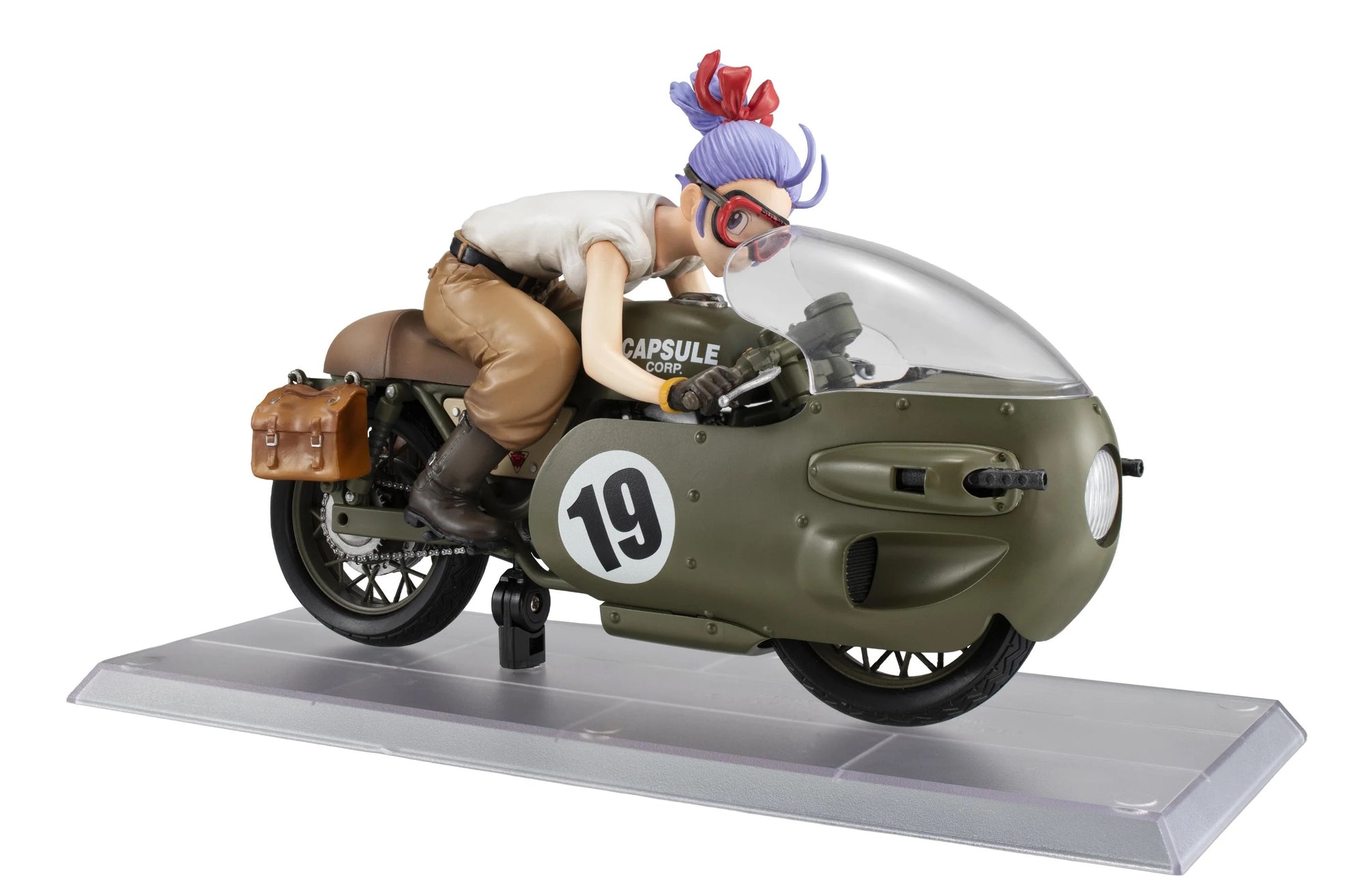 A rear-angled view of the Bulma figure and motorcycle, highlighting the leather saddlebags and the figure's intense racing pose.