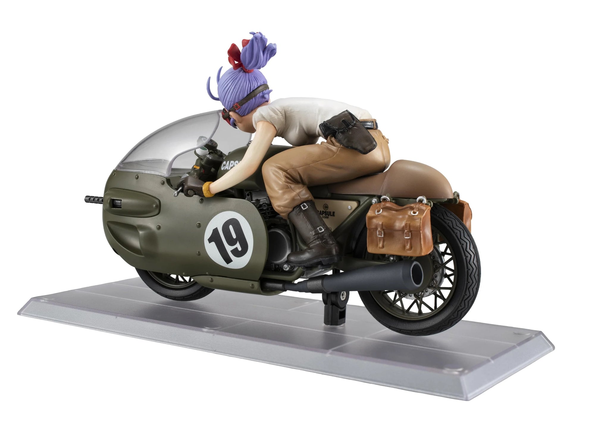 Side profile of the Bulma figure and motorcycle, showing Bulma in a dynamic crouching position to reduce drag while riding.
