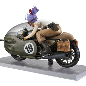 Side profile of the Bulma figure and motorcycle, showing Bulma in a dynamic crouching position to reduce drag while riding.