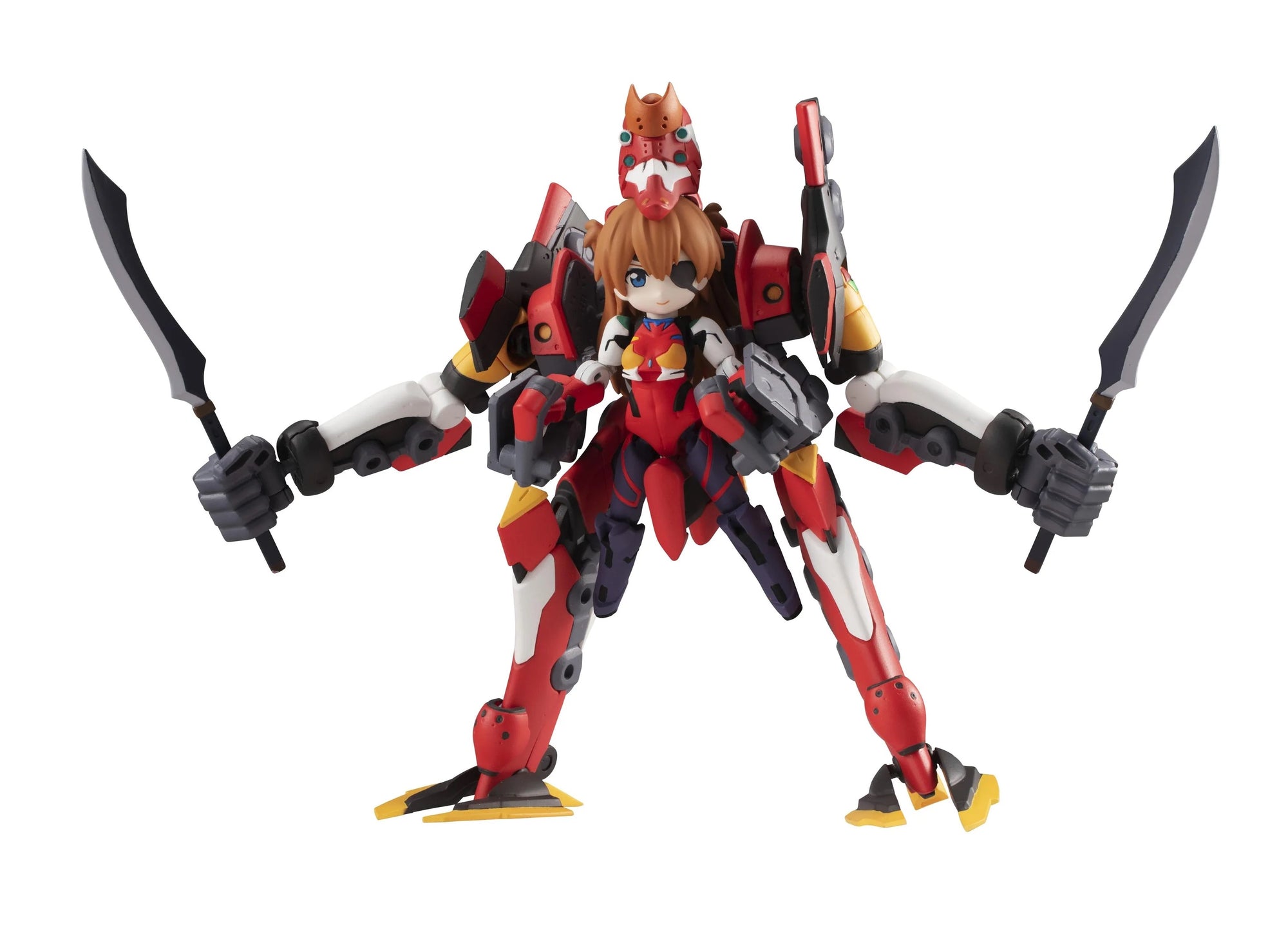 The Asuka Shikinami Langley figure embarked (riding) the EVA Unit-02 armor, holding dual scythe-like blades.