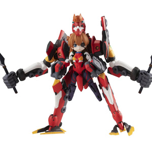 The Asuka Shikinami Langley figure embarked (riding) the EVA Unit-02 armor, holding dual scythe-like blades.