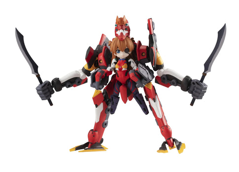 The Asuka Shikinami Langley figure embarked (riding) the EVA Unit-02 armor, holding dual scythe-like blades.