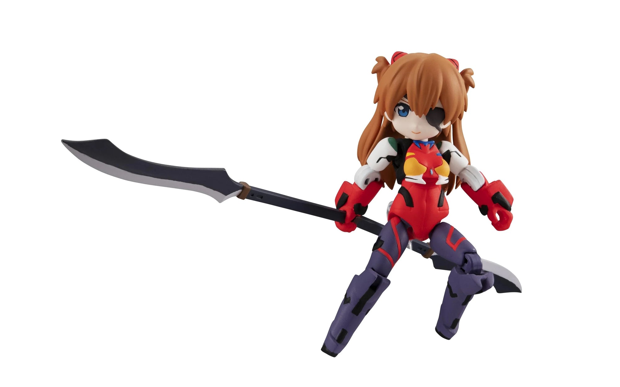 The Asuka Shikinami Langley figure in a dynamic pose, holding the long, dual-bladed spear weapon.