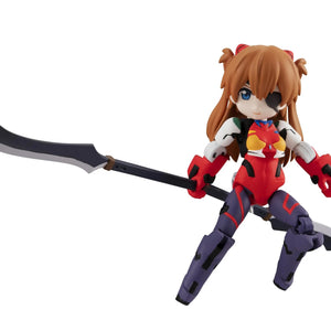 The Asuka Shikinami Langley figure in a dynamic pose, holding the long, dual-bladed spear weapon.