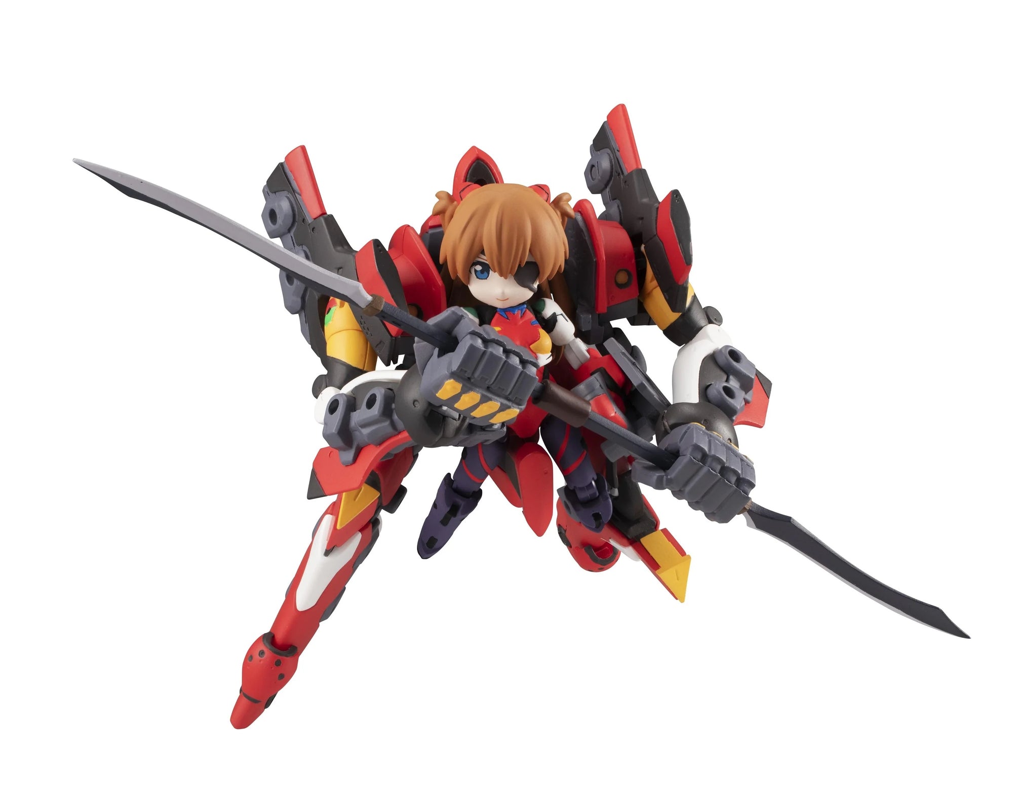 A low-angle action shot of the Asuka figure riding the EVA Unit-02 mech, wielding the large dual-bladed weapon.