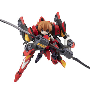 A low-angle action shot of the Asuka figure riding the EVA Unit-02 mech, wielding the large dual-bladed weapon.