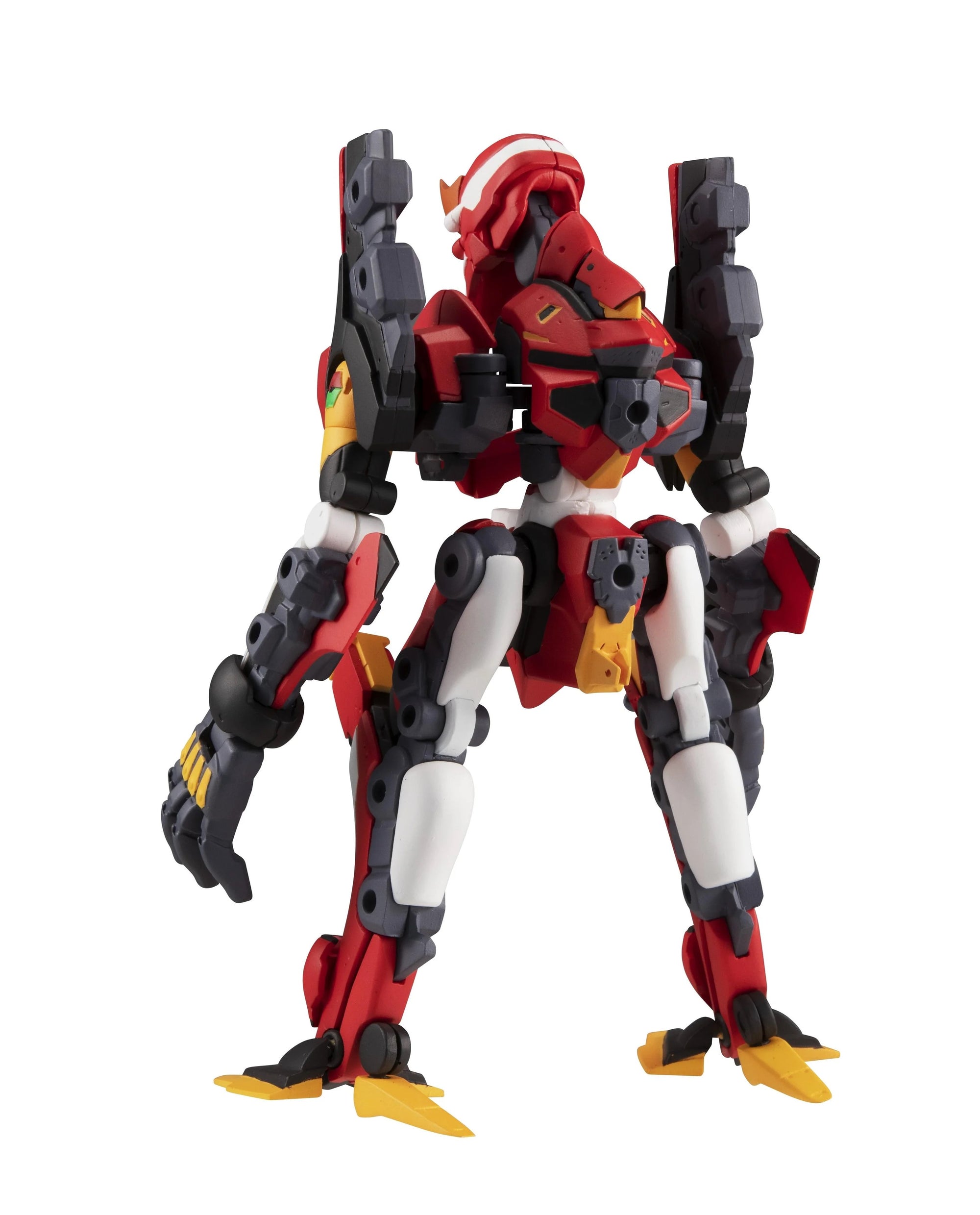Rear view of the EVA Unit-02 armor in autonomous mode, showing the articulation and red/black color scheme.