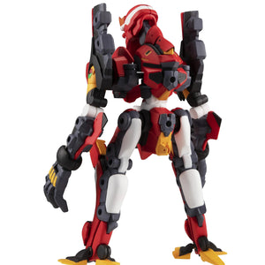 Rear view of the EVA Unit-02 armor in autonomous mode, showing the articulation and red/black color scheme.