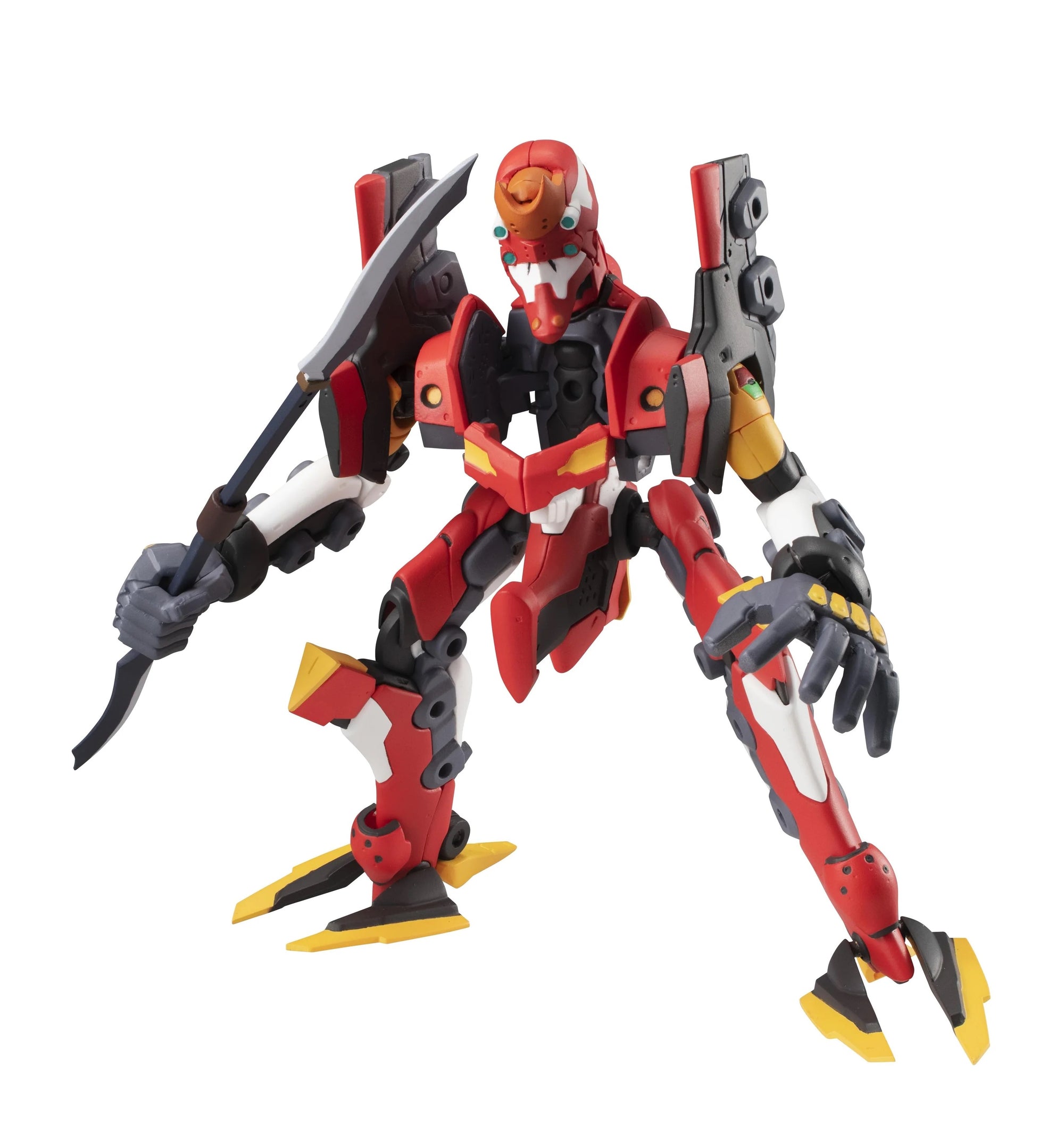 The EVA Unit-02 armor in autonomous mode, crouching low and wielding a large combat knife/scythe.
