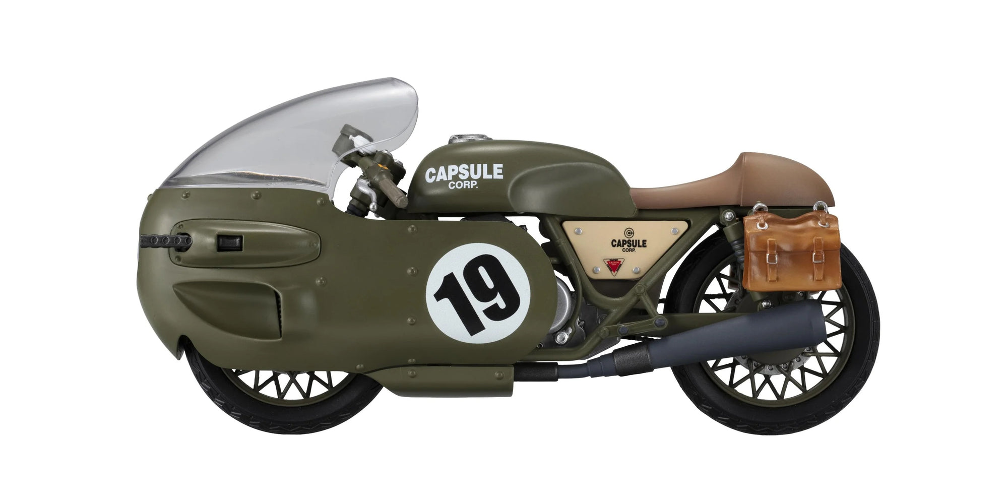 Side view of the Megahouse Desktop Real McCoy Bulma's Capsule Corp. Motorcycle figure, showcasing the olive green bike and leather accessories.