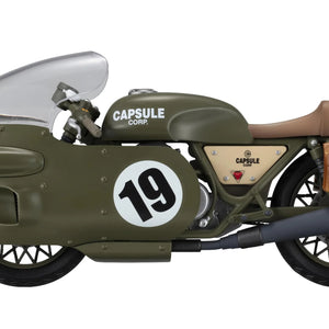 Side view of the Megahouse Desktop Real McCoy Bulma's Capsule Corp. Motorcycle figure, showcasing the olive green bike and leather accessories.