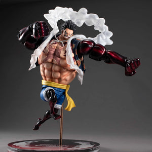 Luffy Gear 4 Boundman figure in a dynamic punching pose, with the white steam effect parts attached and a red and black base.