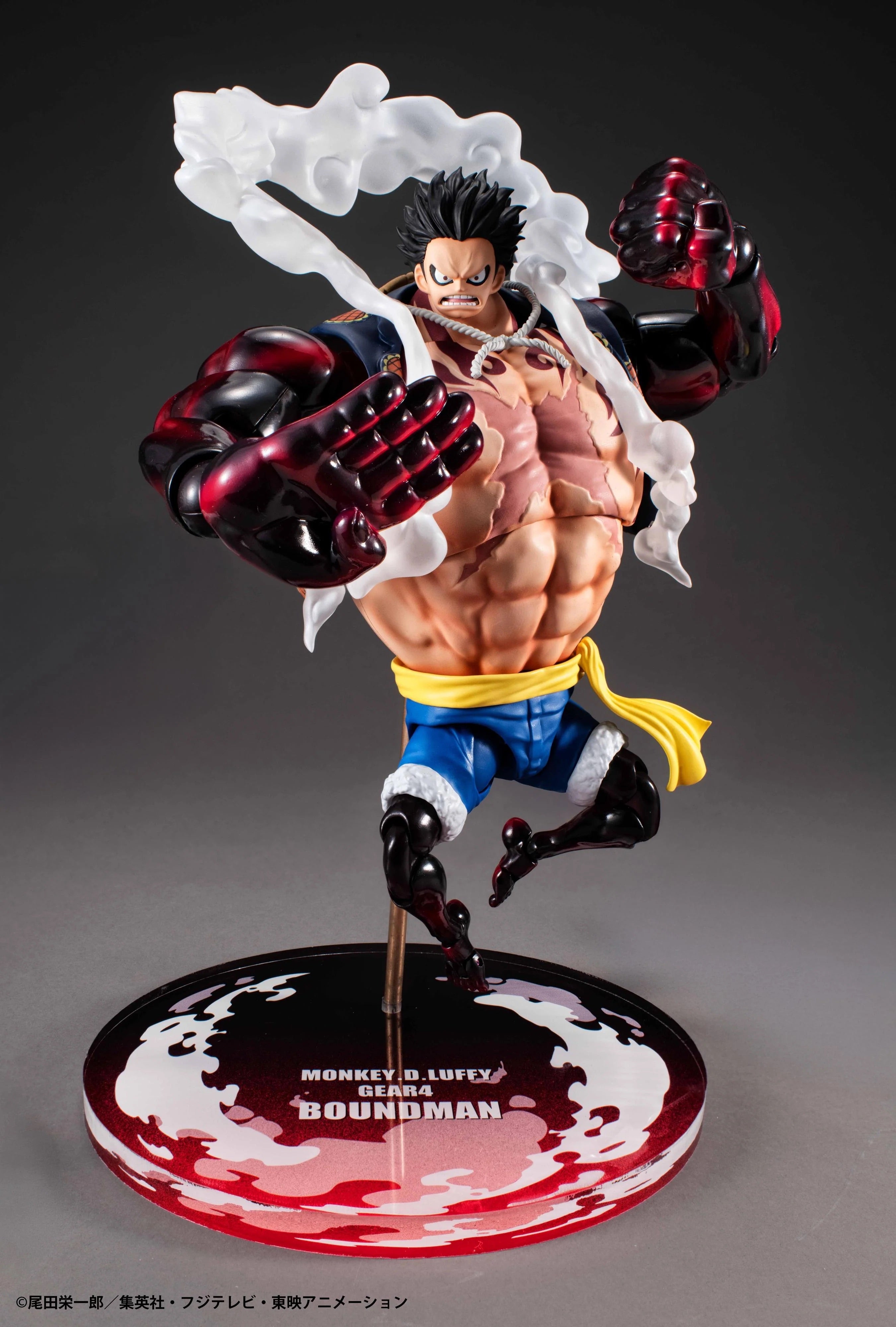 Full frontal view of the Megahouse Variable Action Heroes Luffy Gear 4 Boundman figure, showcasing his inflated body and Armament Haki arms.