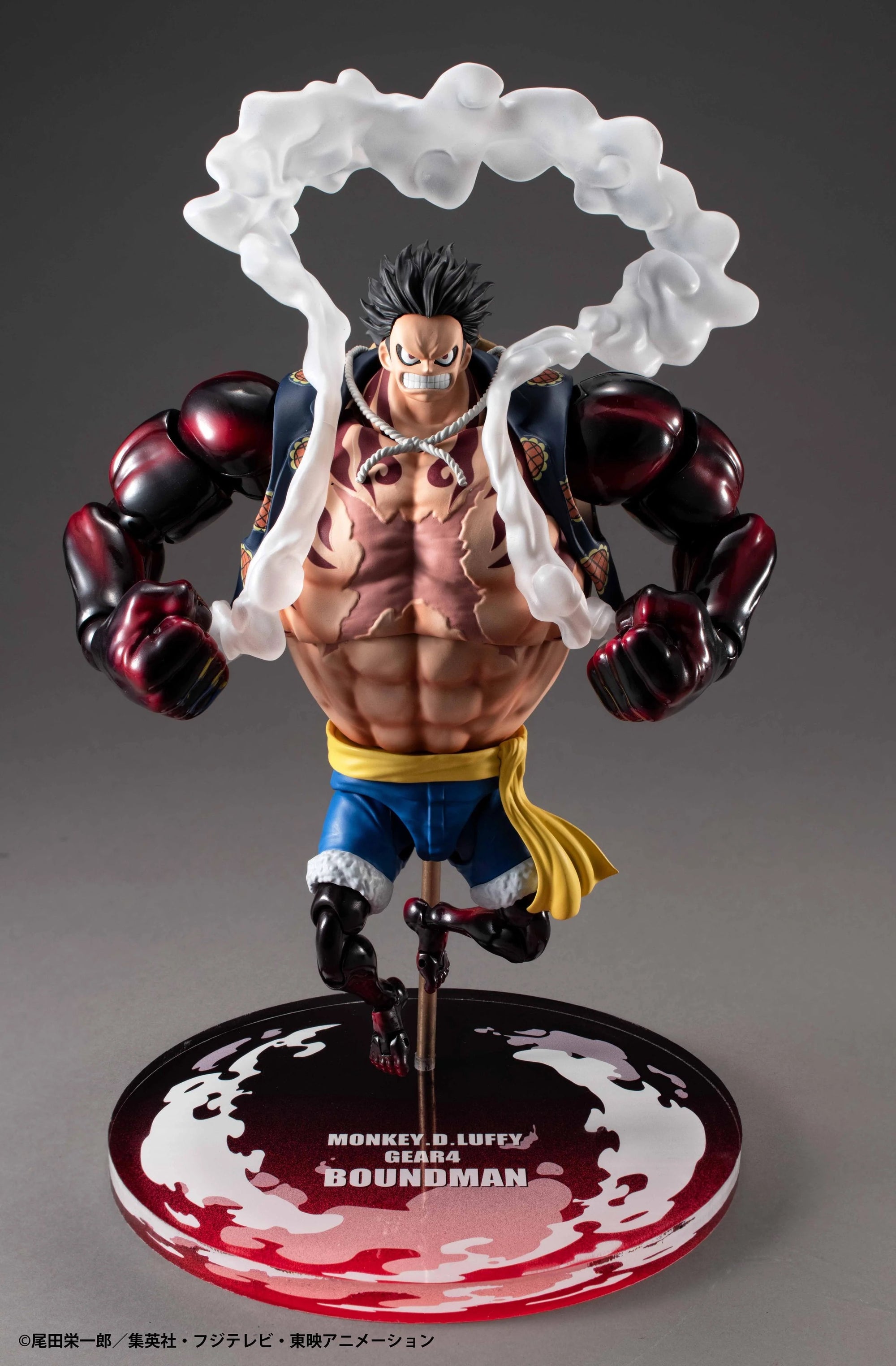 Frontal view of the Luffy Gear 4 Boundman figure, showing the steam effects circling his neck and the large, muscular form.