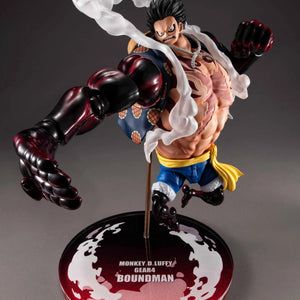 Luffy Gear 4 Boundman figure in a fierce leaping pose, with one leg extended and the white steam effect parts flowing.